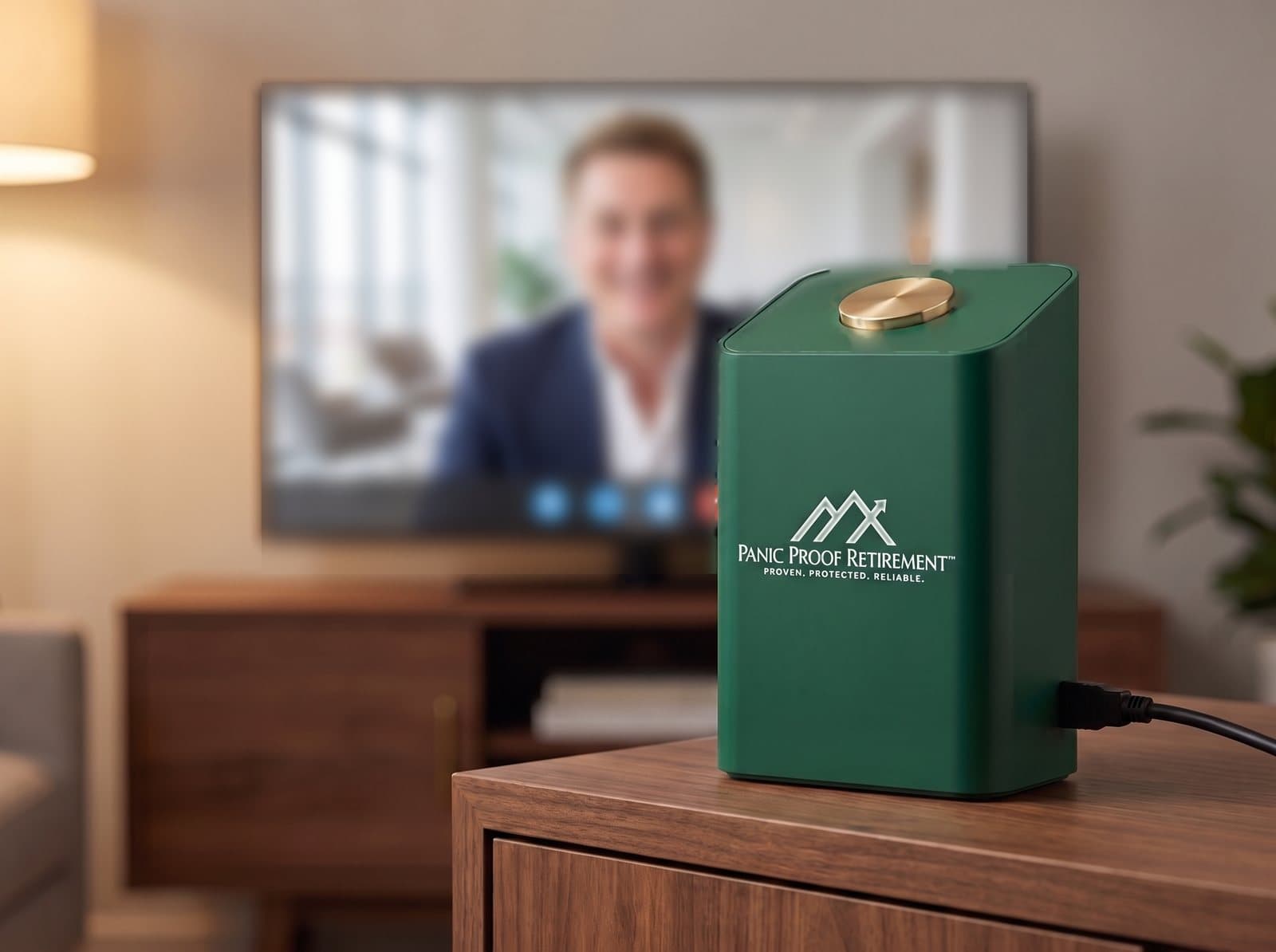 The Advisor in a Box device: a small green box with the Panic Proof Retirement logo and a single brass button on a TV console, with a Panic Proof advisor on the television behind it